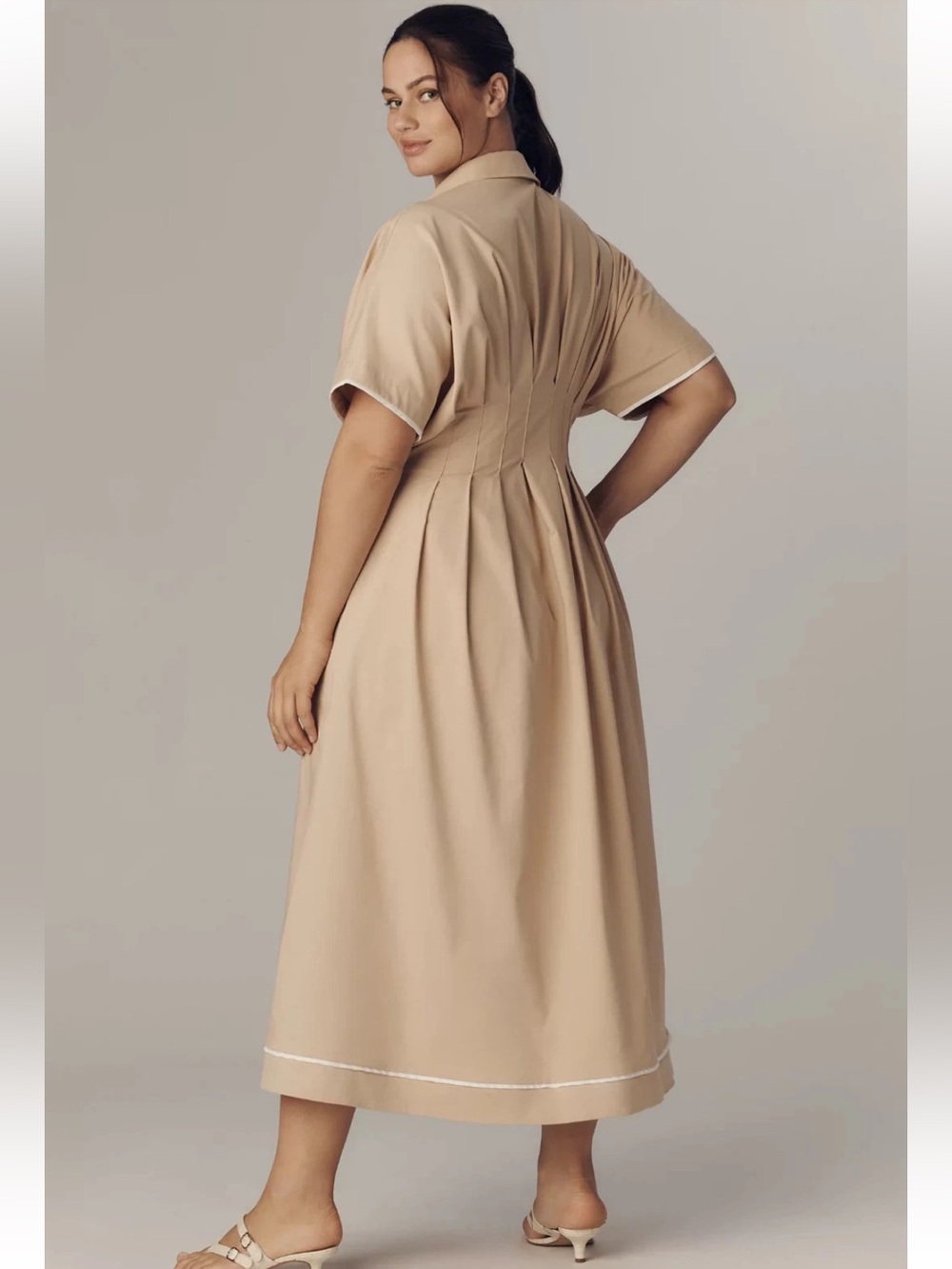 Anthropologie Exquise Tobie Shirt Dress 2X Light Sand Beige White Piping